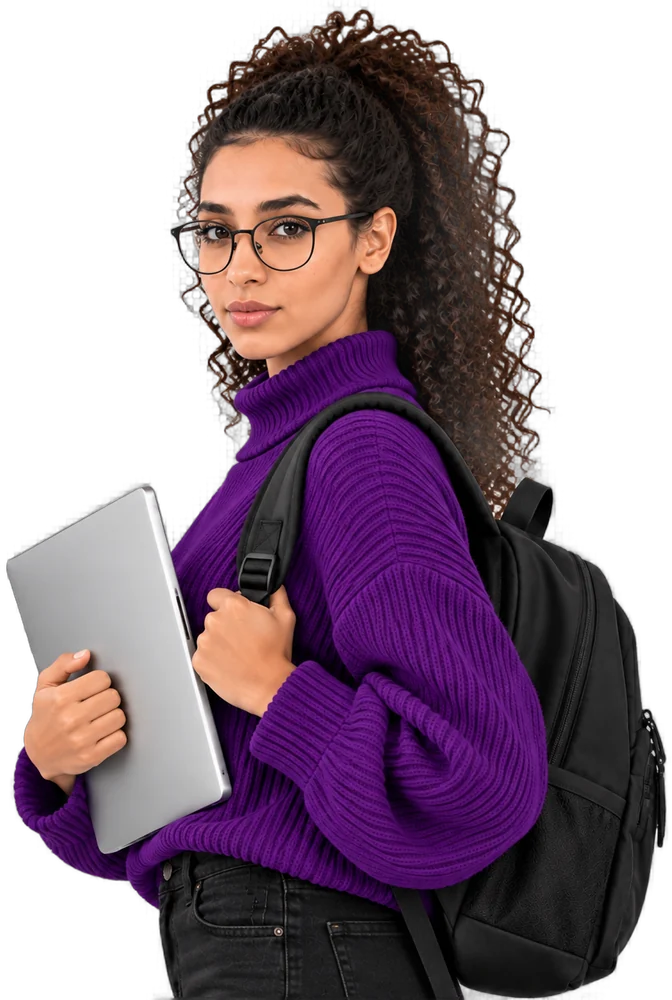 Étudiante Estudech avec son sac à dos et son ordinateur portable
